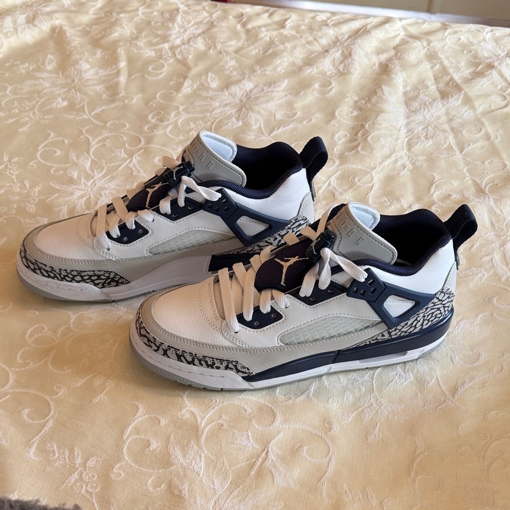 Jordan Kids White and Navy Basketball Sneakers with Grey Elephant Print - Picture 2 of 9